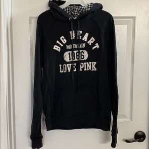 VS Pink black hoodie with buffalo plaid trim